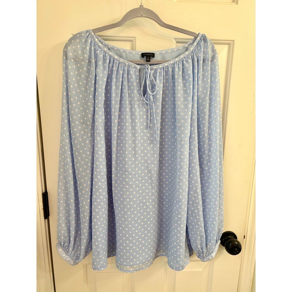 Talbots Blue Polka Dot Long Sleeve Blouse Sheer Peasant Top Size XL